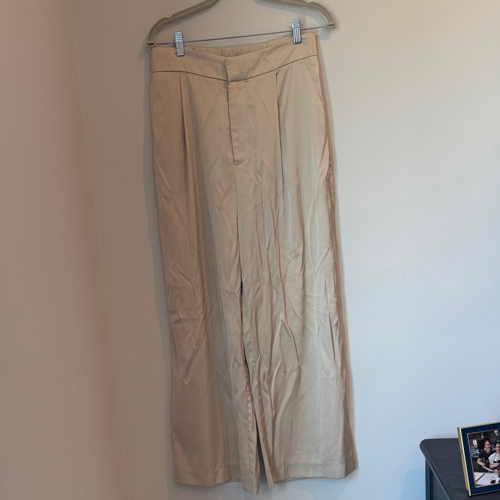 Satin Beige Wide-Leg Dress Pants